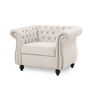 Chesterfield Club Chair Velvet Fabric Beige with Birch Wood Legs