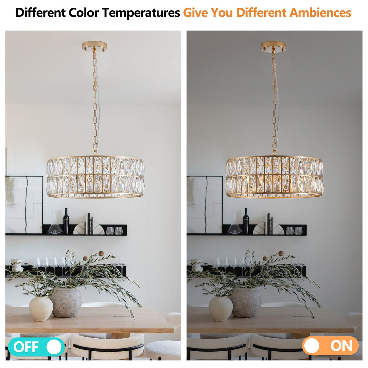 18' Golden Modern Crystal Drum Chandelier, 6-Light Pendant Lighting Fixture with Metal Frame