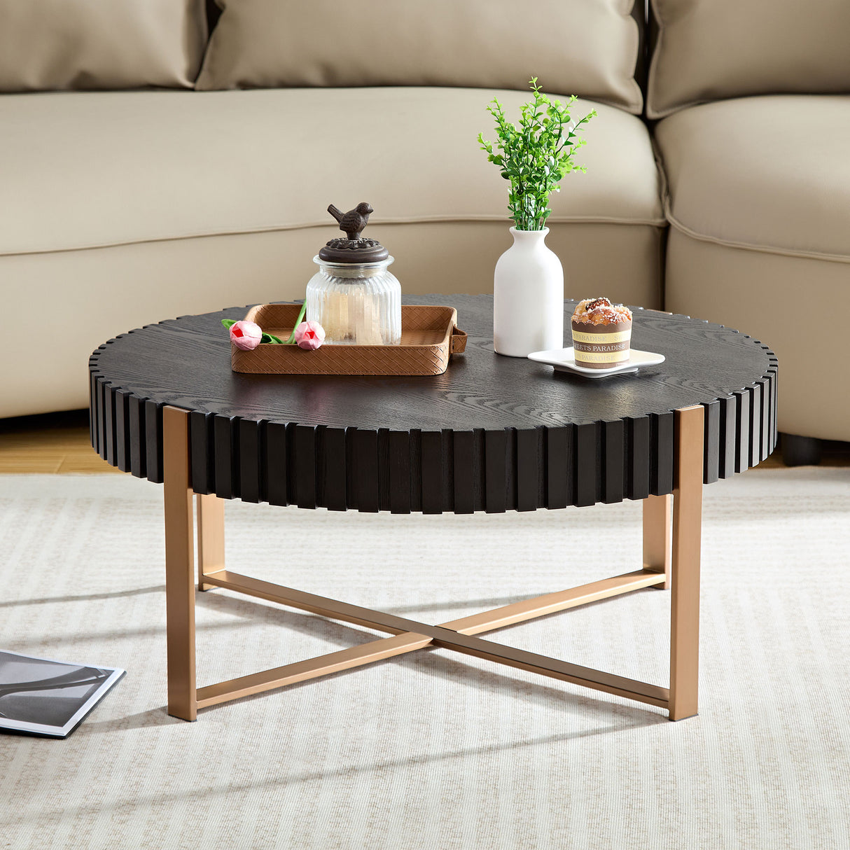 Modern handcraft drum coffee table 31.5 inch round coffee table for living room,small coffee table with sturdy pedestal,black