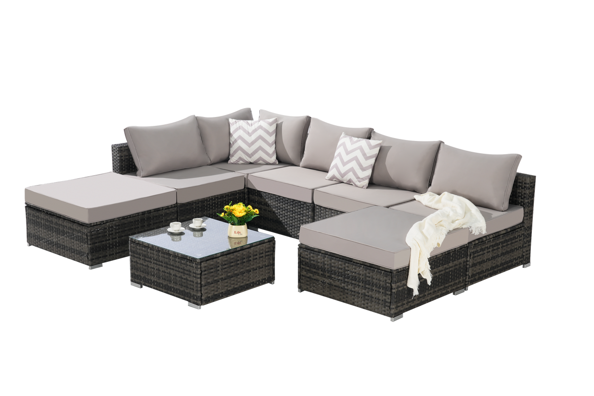 8 Pieces Outdoor Patio Sectional Sofa Couch,Wicker Furniture Conversation Sets with Washable Cushions & Glass Coffee Table for Garden, Poolside, Backyard
