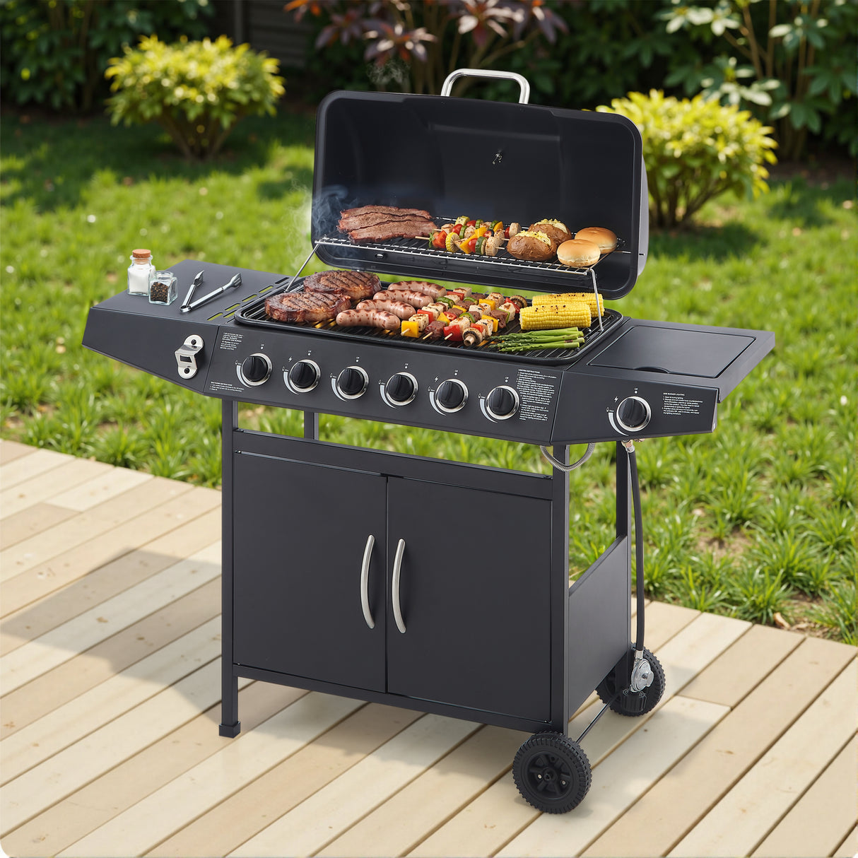 6 Burner Propane Gas Grill with Side Burner and Stainless Steel Design