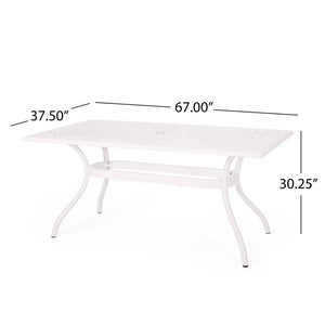 Celestine Outdoor Cast Aluminum Dining Table With Floral Lattice Design And Umbrella Holder