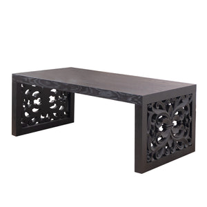 47.2' Solid Black Carved Wood Coffee Table – Handcrafted Look with Ornate Side Panels