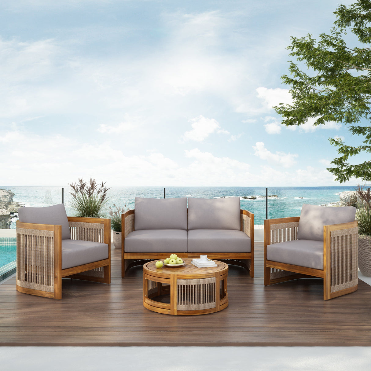 4-Piece Patio Seating Group with Acacia Wood and Woven Rope Accents