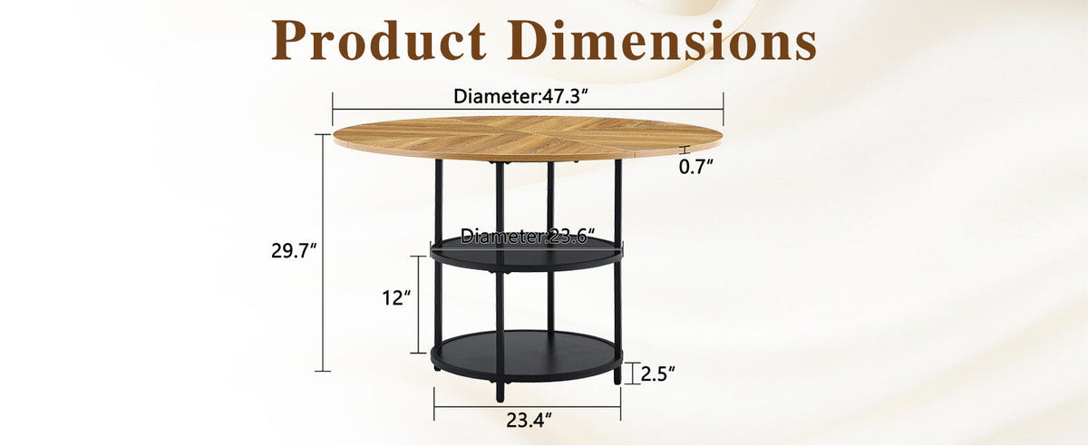 47.3-Inch Diameter Modern Circular Dining Table with Double-Layer Storage - Black, Wood