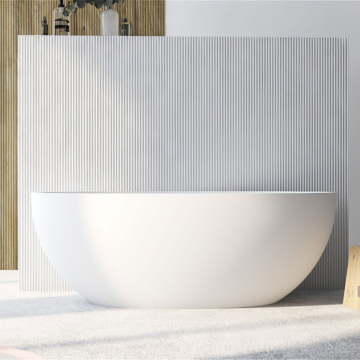 67 in. x 31 in. Oval Freestanding Solid Surface Soaking Bathtub with Center Drain in Matte