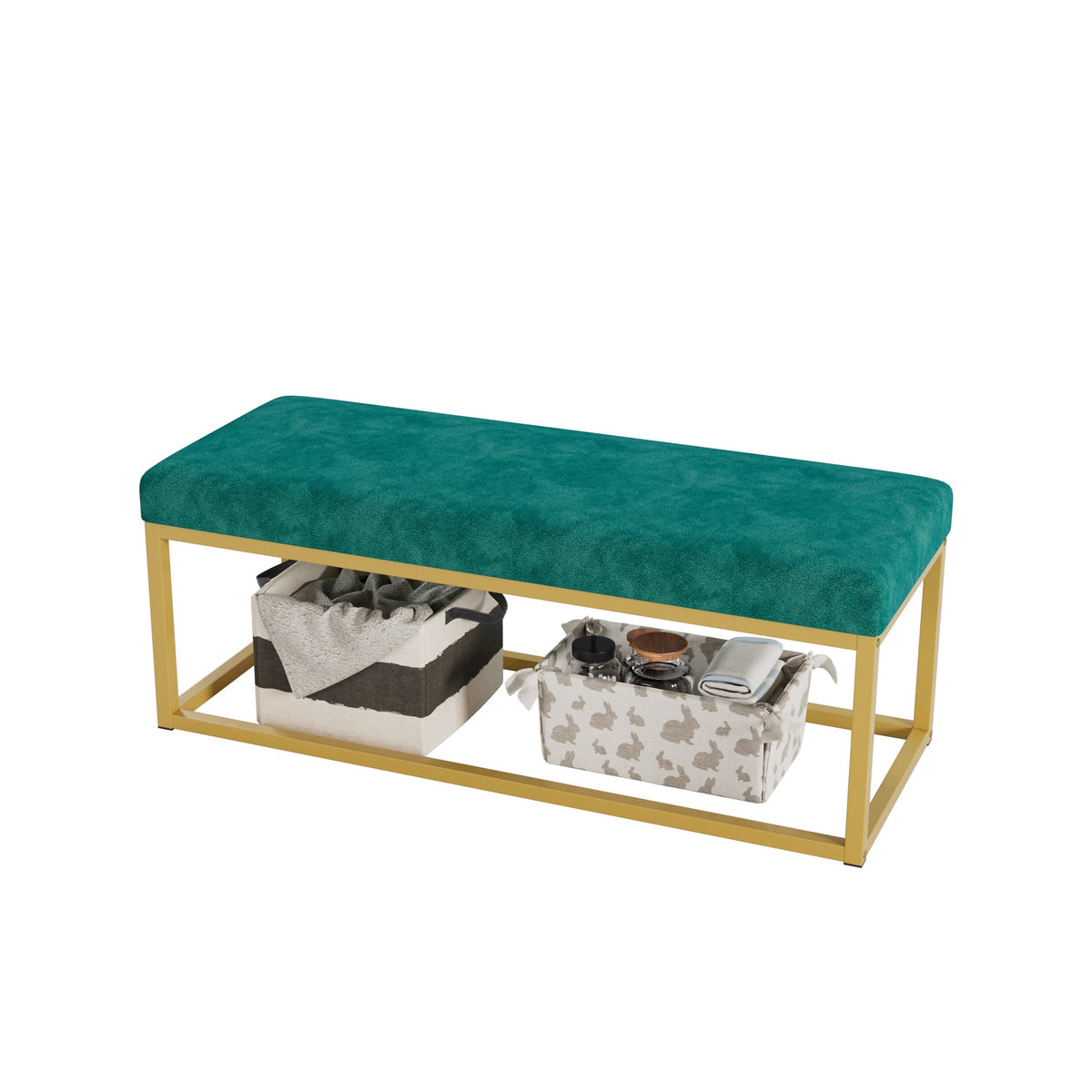 Mid-Century Modern Storage Bench for Entryway with Steel Frame - Synthetic Leather