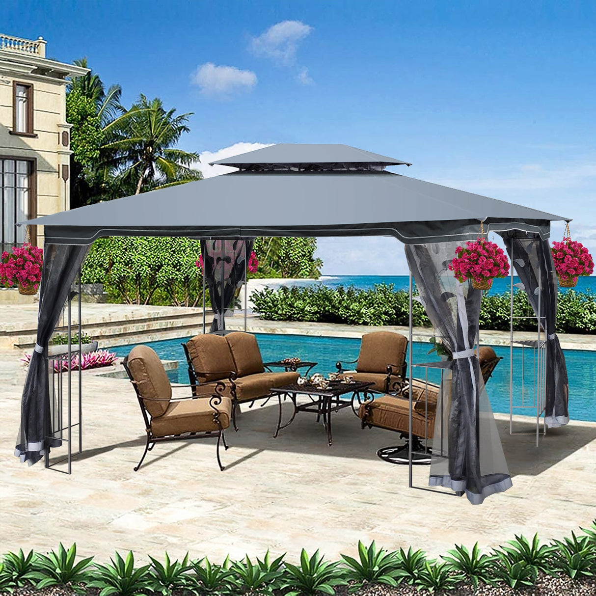 Gazebo tent with double roof & mosquito net