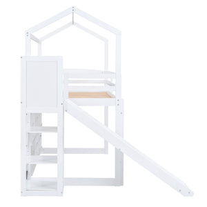 House Loft Bed With Slide, Storage Shelves And Light, Climbing Ramp