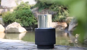 20x20x19.5' Heavy Cement Round Black Ribbed Outdoor Water Fountain with Light (Color Change)