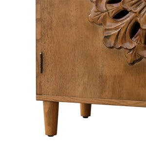 Rustic Hand-Carved Wooden 2-Door Cabinet – Boho Accent Storage Cabinet with Floral Design, Solid Wood Sideboard for Living Room, Entryway, or Bedroom