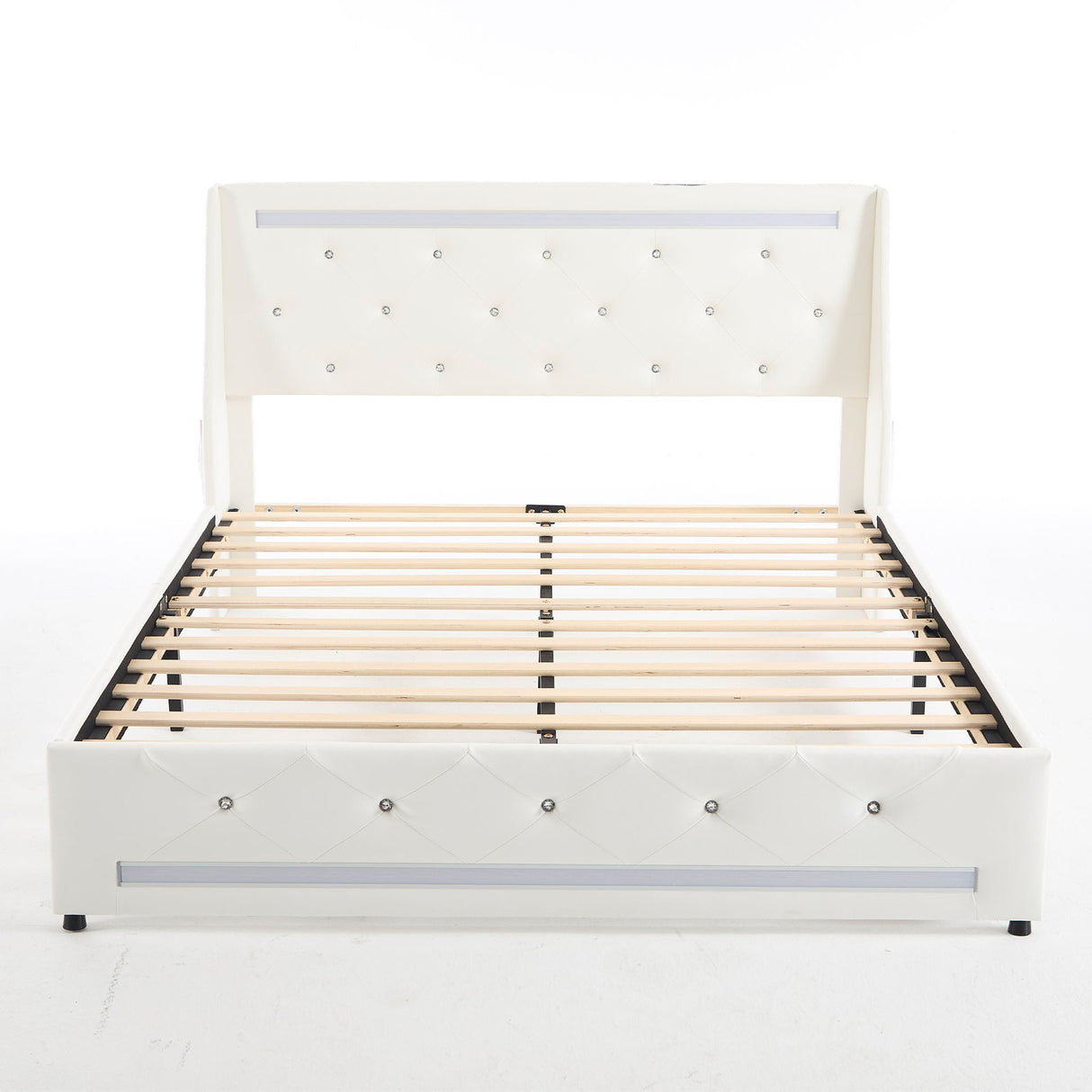 Wingback Upholstered Bed Frame With LED Lights, Charging Station