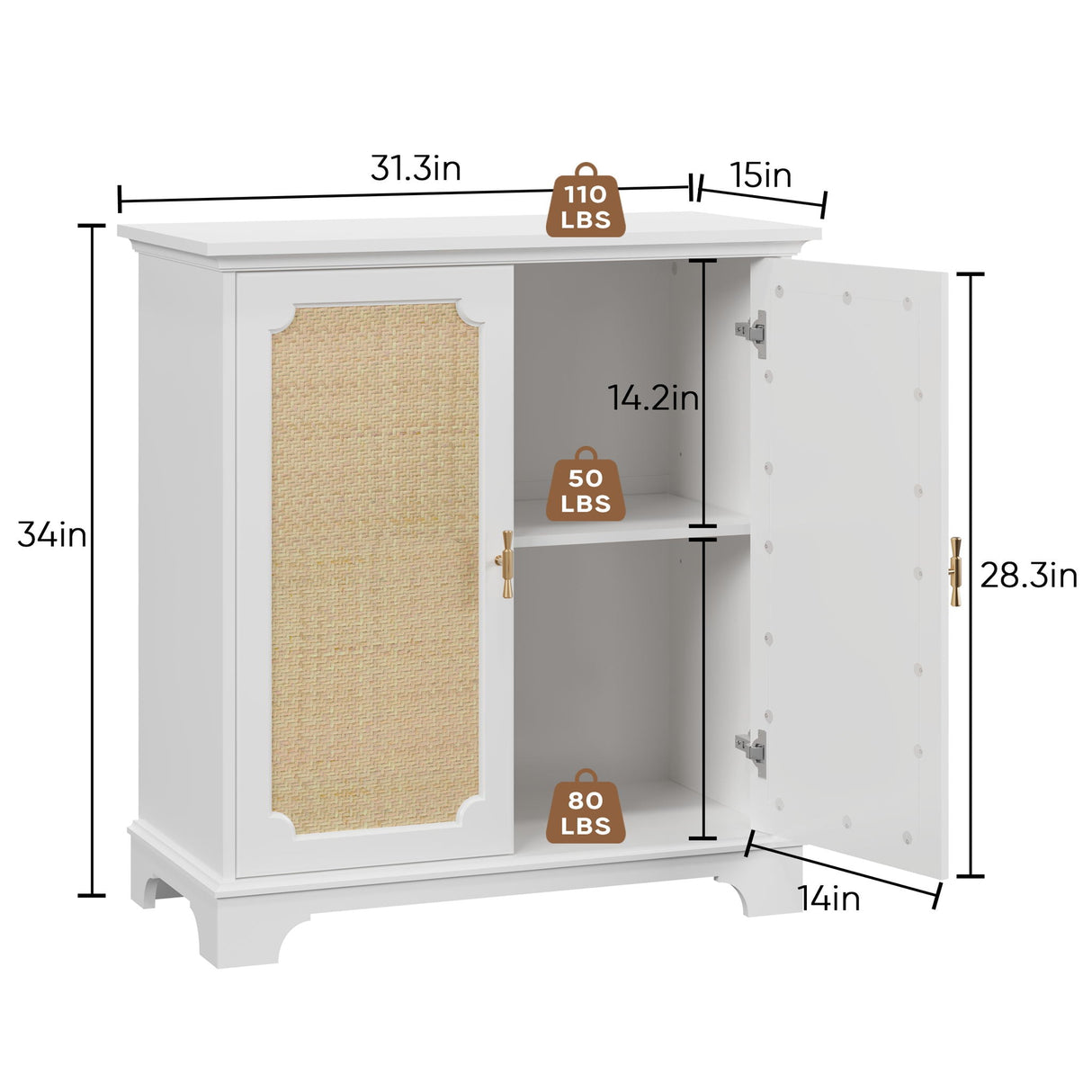 Rattan Decorated Sideboard Buffet Storage Liquor Cabinet - White