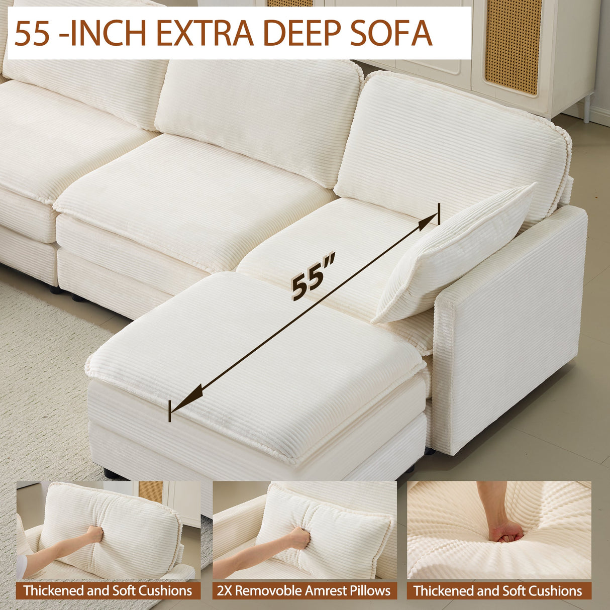136" Plush Cloud 3-seater Sofa: Modular Design with Footstools