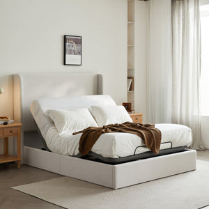 Caron Upholstered Wingback Bed with Adjustable Base Bundle Set, Queen Size