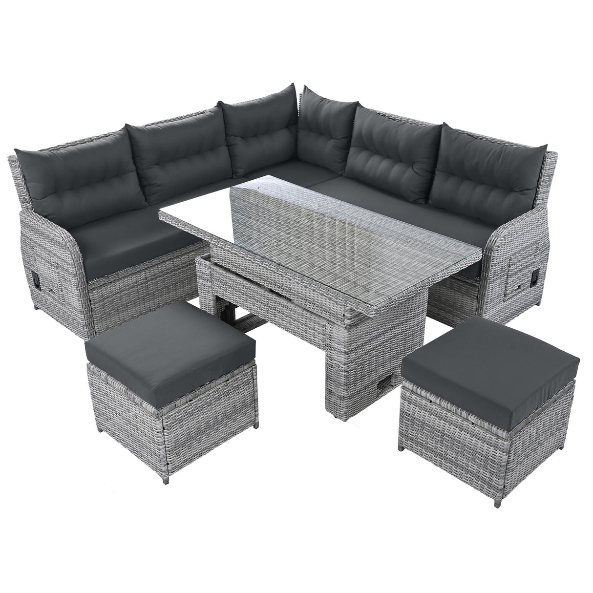 Outdoor Furniture Set Patio Rattan Furniture with Adjustable Table, Recliners, Side Tables, Ottomans