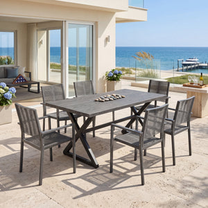 7-Piece Aluminum & Woven Rope Outdoor Patio Dining Set, Grey & Black
