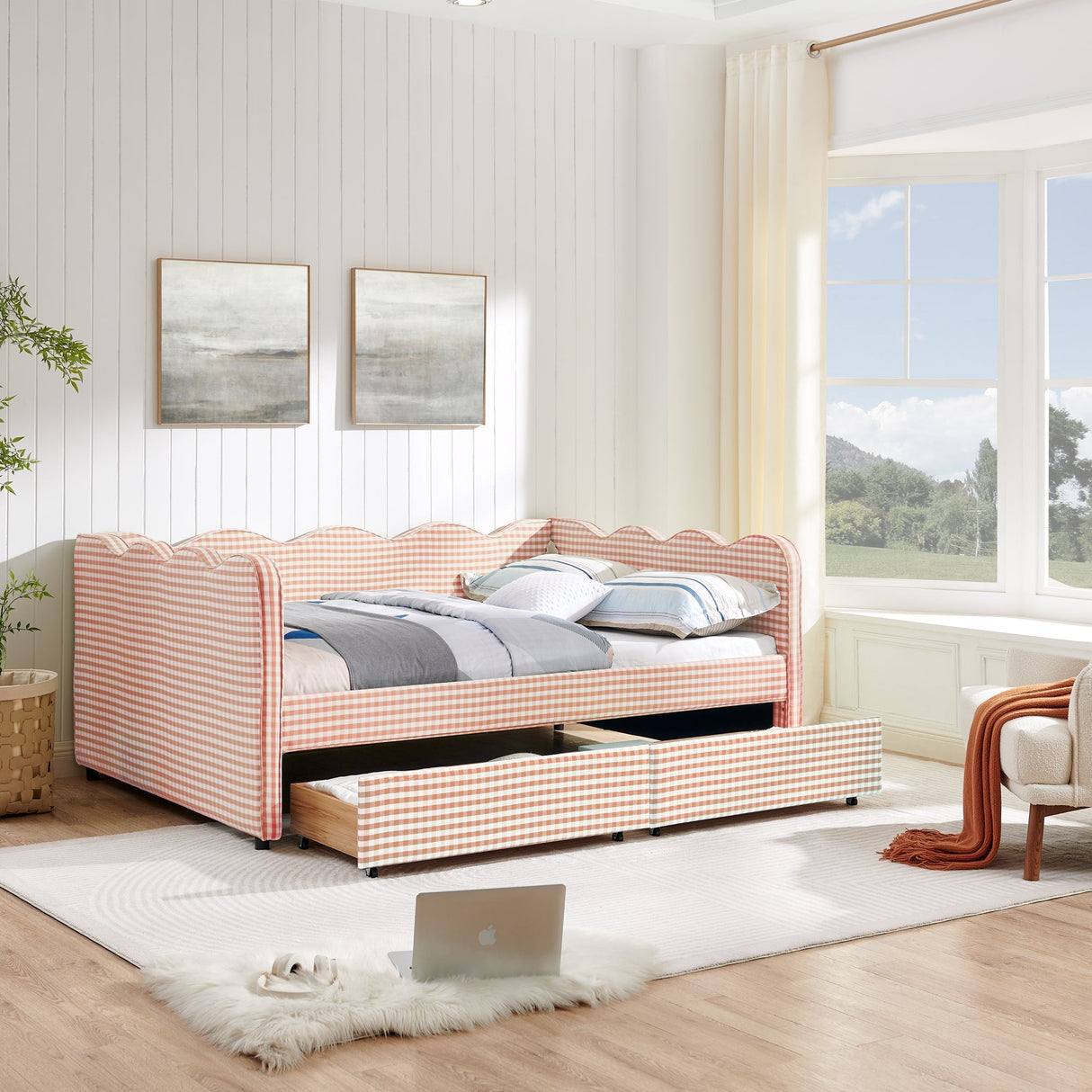 Full Size Cozy Gingham Daybed with Two Storage Drawers