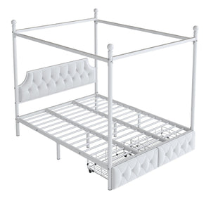 Queen Size Canopy Platform Bed With Upholstered Headboard And 2 Storage Drawers - White