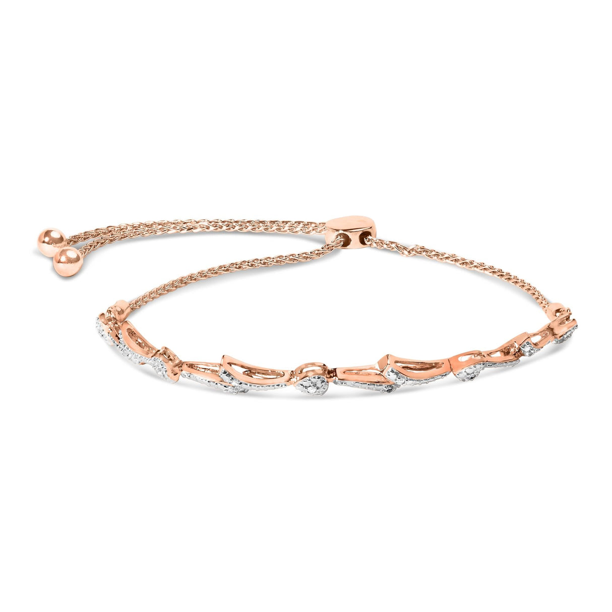 .925 Sterling Silver Diamond Accent Heart and Wave Link Bolo Bracelet (I-J Color, I2-I3 Clarity) - 6" to 9" Adjustable