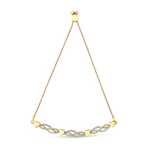 14K Yellow Gold Plated .925 Sterling Silver 1/10 Cttw Diamond Wave and Hearts Bolo Bracelet (I-J Color, I2-I3 Clarity) - 4"-10" Adjustable