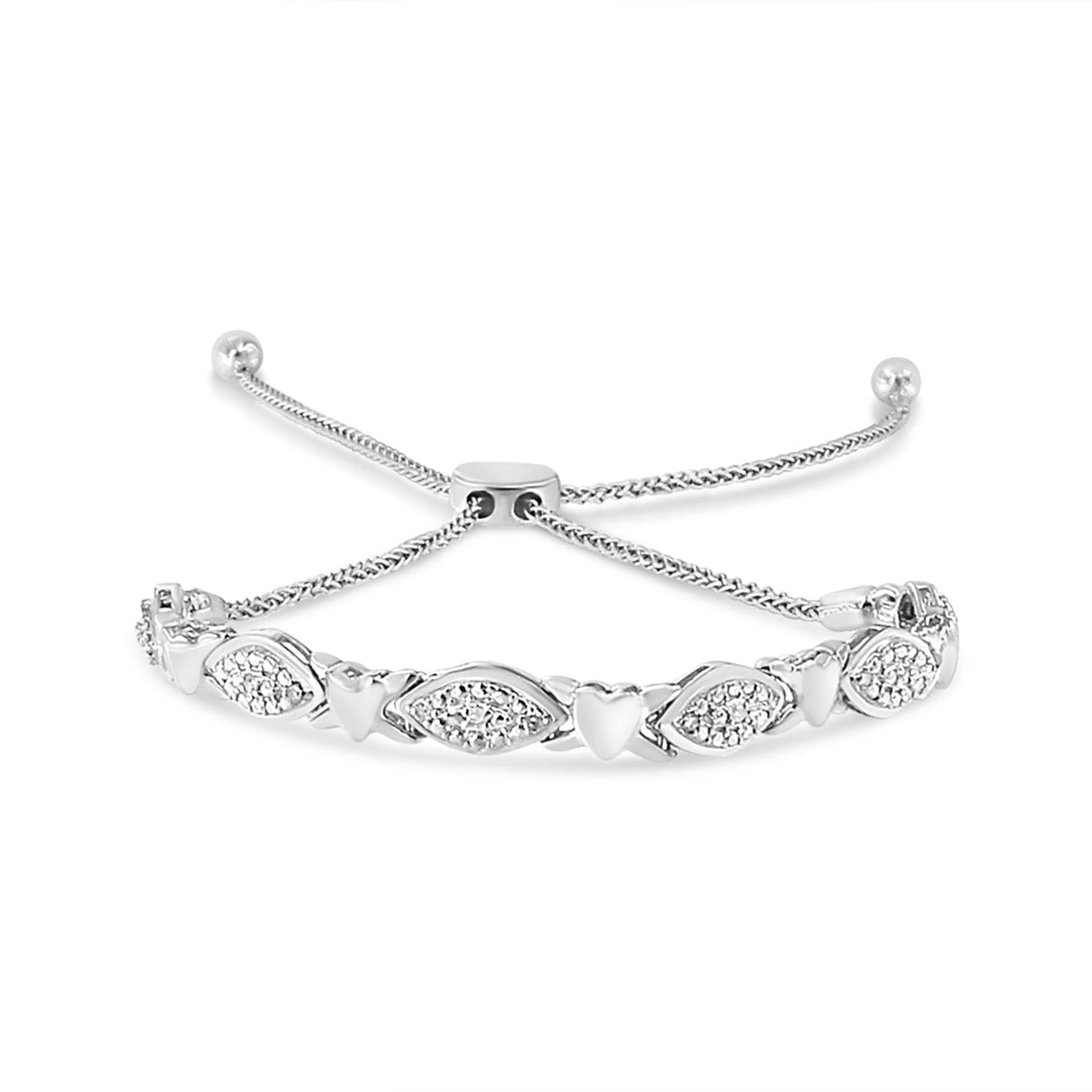 .925 Sterling Silver Diamond Accent Alternating Marquise Shape and Heart Links Bolo Bracelet (I-J Color, I3 Clarity) - Adjustable 6" to 9"