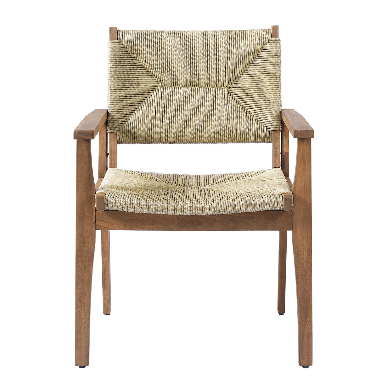 5-Piece Outdoor Dining Set: Teak Finish Round Acacia Wood Table & 4 Teak Finish Wicker Armchairs