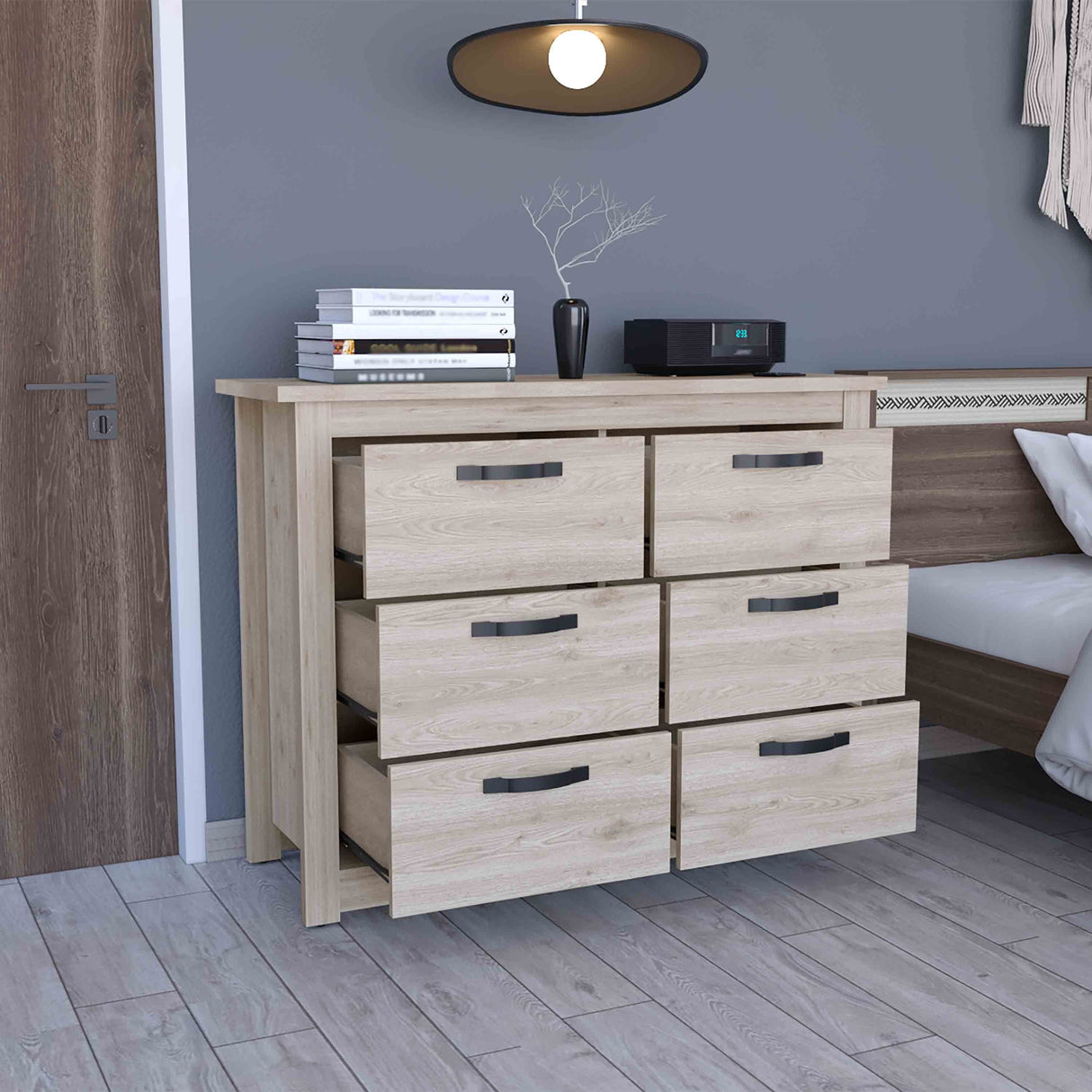 Modern 6-Drawer Dresser with Metal Hardware – Gray Finish