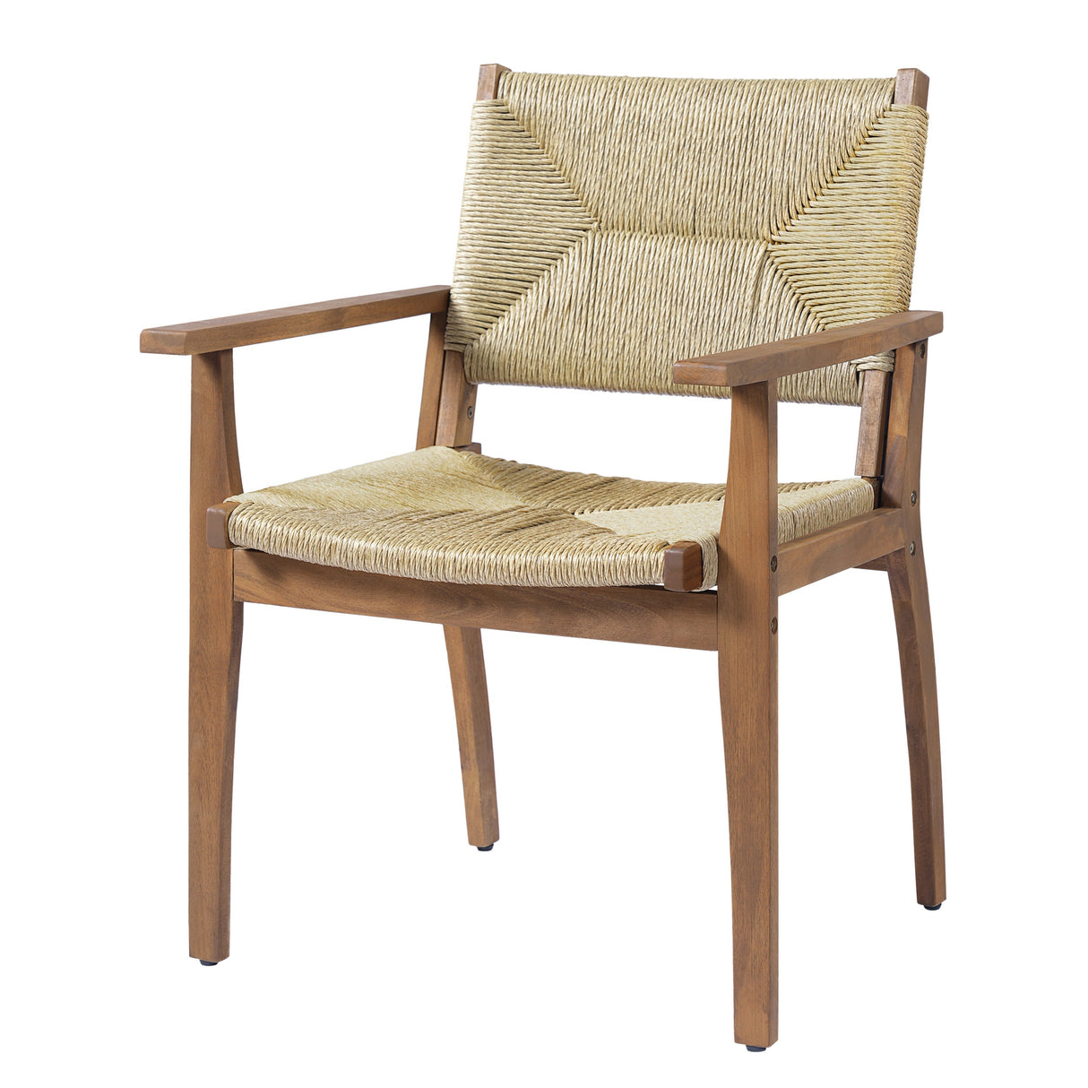 5-Piece Outdoor Dining Set: Teak Finish Round Acacia Wood Table & 4 Teak Finish Wicker Armchairs