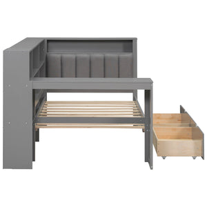 Platform Bed With Upholstered Headboard, Storage Shelves, Drawers, Charging Station, LED Lighting, Built In Desk