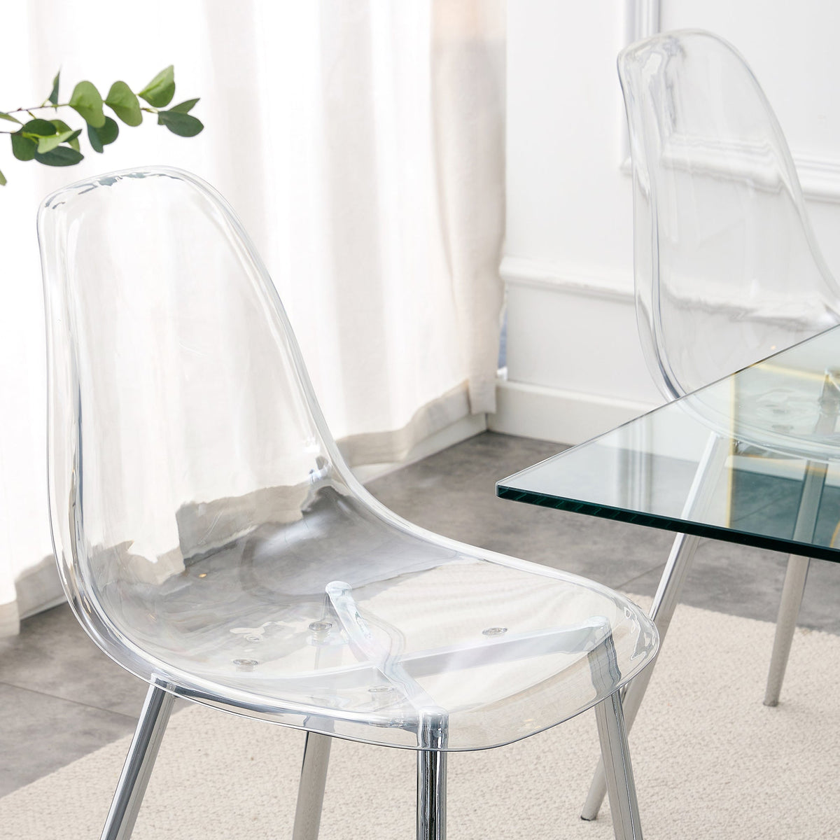 Modern Minimalist Transparent Dining Chair Set with Ergonomic PET Seat - Clear/Silver