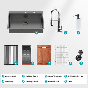 Drop In Kitchen Sink With Pull Out Faucet And Soap Dispenser, Single Bowl Topmount Sink - Gunmetal Black