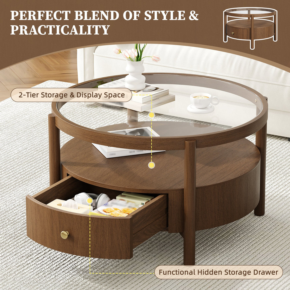 Solid Wood Round Glass Top Coffee Table with Storage Drawer