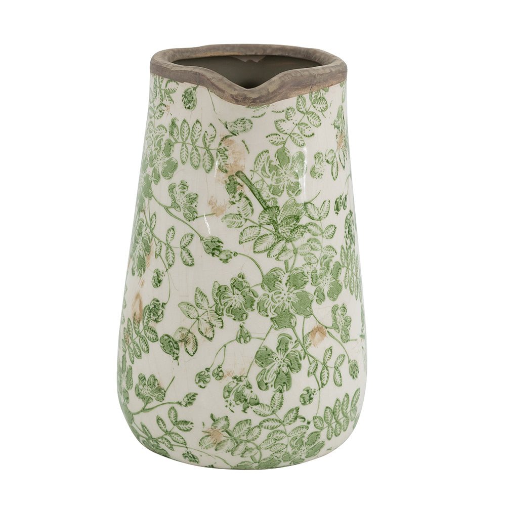 6.3x4.5x7.1' White Ceramic Pitcher Vase with Green Floral Pattern