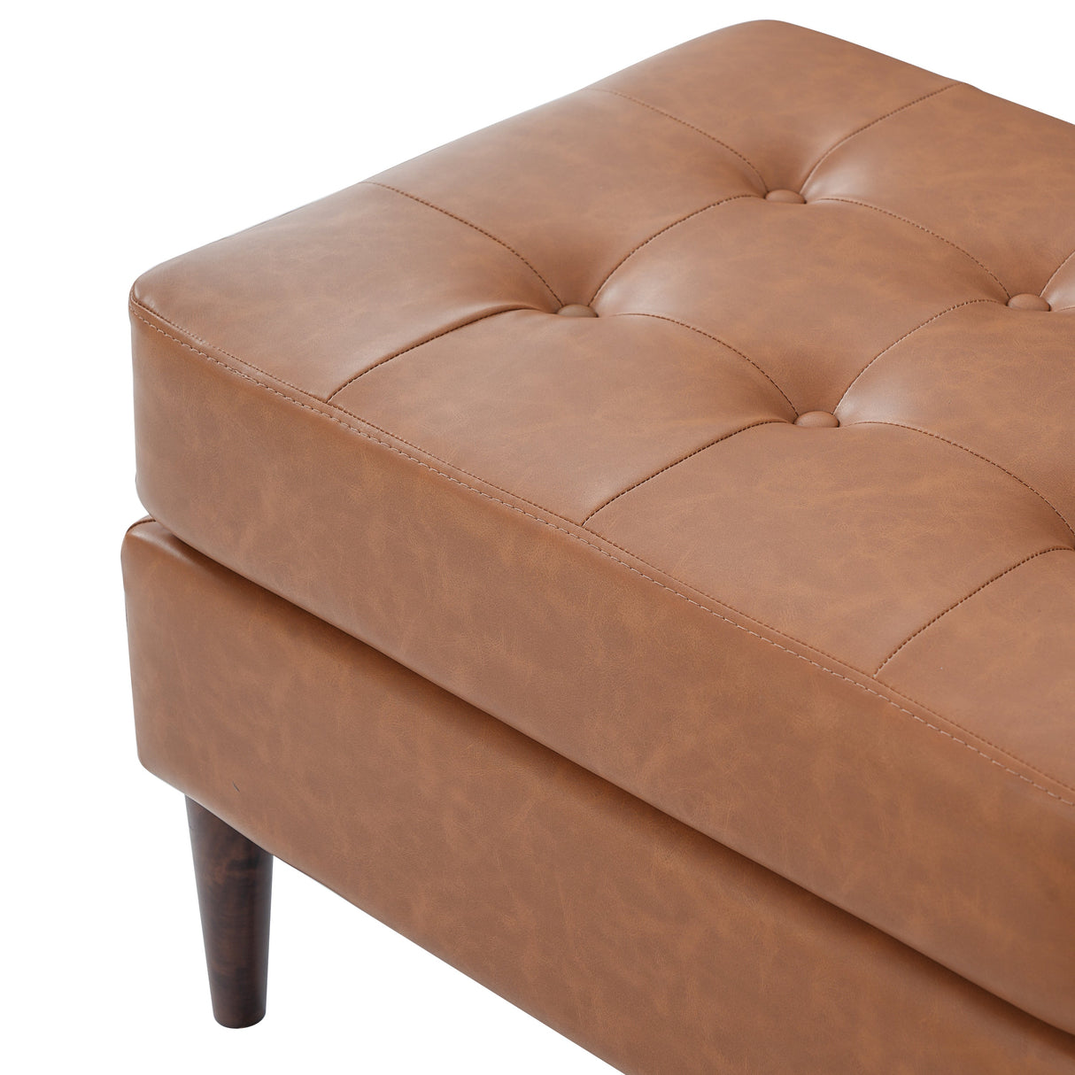Upholstered PU Leather Ottoman, Solid Wooden Legs