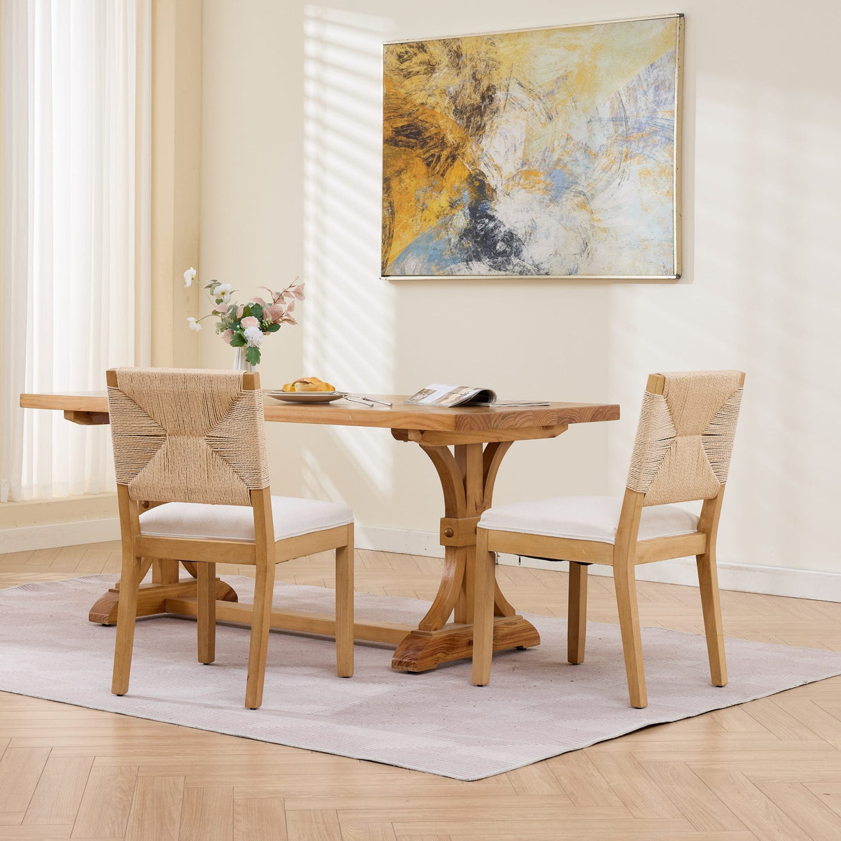 Mid-Century Modern Rope Rattan Dining Chairs Set of 2