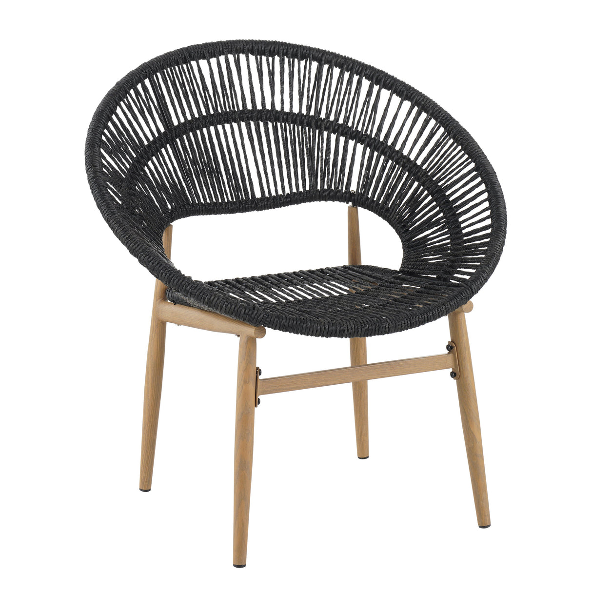 Cyril Outdoor Wicker Papasan Style Dining Chair with Teak Finished Leg and Dark Gray Faux Rattan - Set of 2