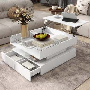 Lift Top Coffee Table With 2 Drawers, Hidden Space And LED Lights For Living Room