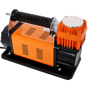 Heavy Duty 12V Air Compressor, Tire Inflator With Pressure Gauge, Compact Size - Black / Orange