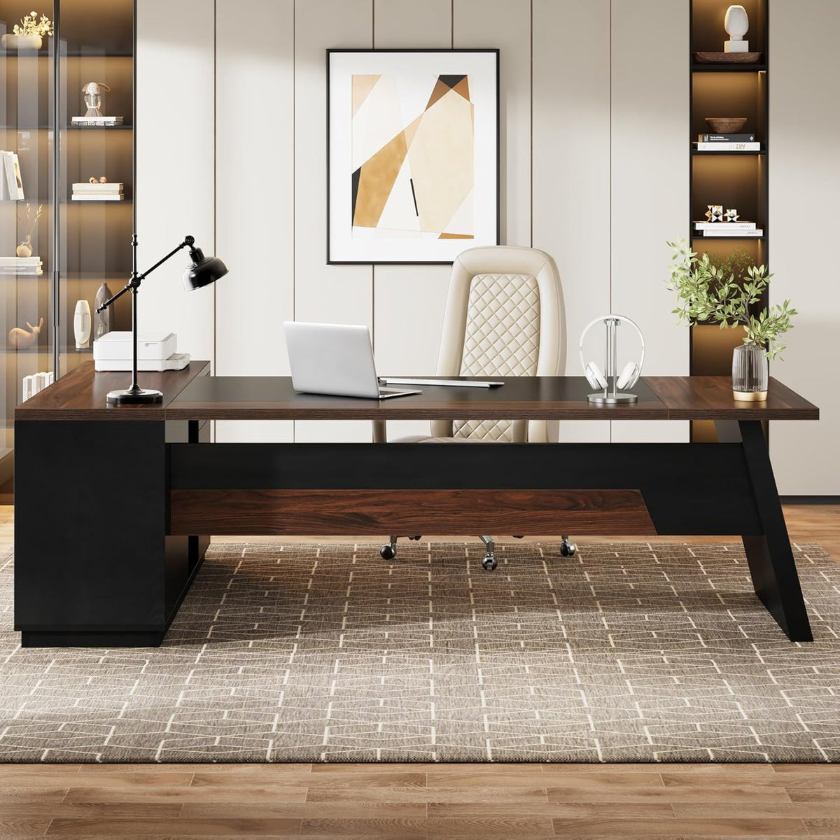 L-Shaped Executive Desk With File Cabinet & Drawers, Large Home Office Computer Workstation