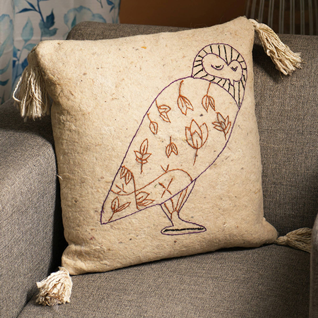 100% Wool Embroidery Cushion Beige-18 X 18 Inch/ Abstract Cotton Throw Pillow