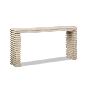 Veda 63' Reclaimed Wood Stacked Geometric Waterfall Console Table, Whitewashed Natural Reclaimed Pine Wood