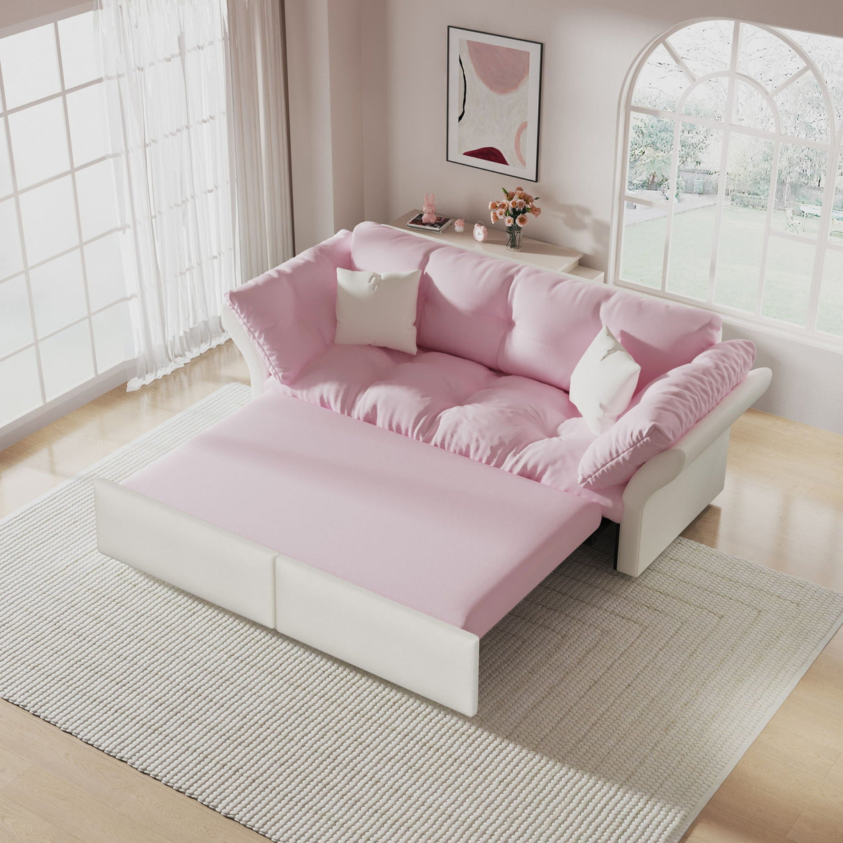 Queen Pull Out 3-in-1 Convertible Sleeper Tufted Sofa & 2 Soft Pillows