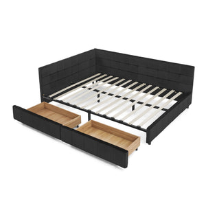 Mid-Century Storage Upholstered Tufted Bed Frame with Backrest and Armrests