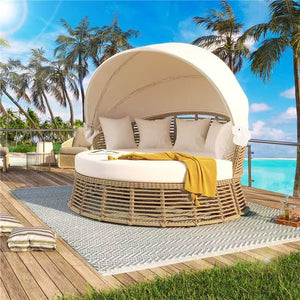 Outdoor Patio Rattan Round Daybed with Retractable Canopy