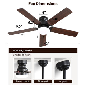 Low Profile Ceiling Fan With Reversible DC Motor, Remote Control, LED Light - Black