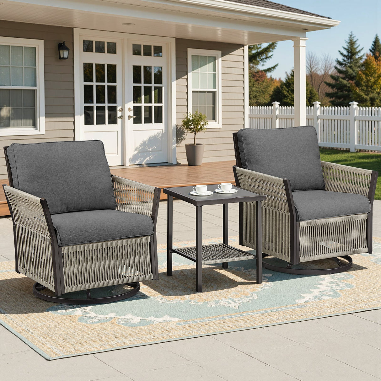 Swivel Outdoor Chairs Set of 2 with Side Table, 3 Pieces Wicker Furniture Set