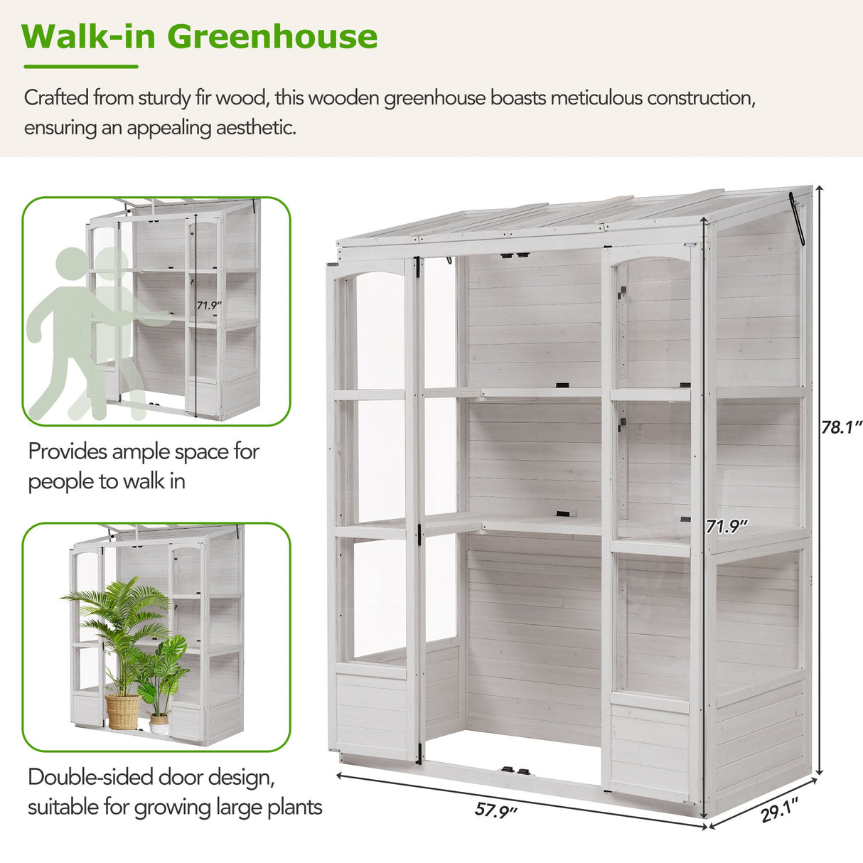 TOPMAX 78-inch Wooden Walk-in Greenhouse with 4 Skylights and Folding Shelves