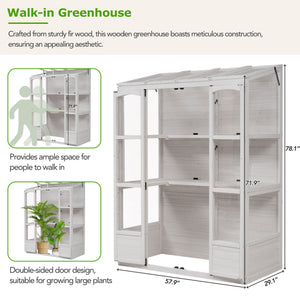 TOPMAX 78-inch Wooden Walk-in Greenhouse with 4 Skylights and Folding Shelves