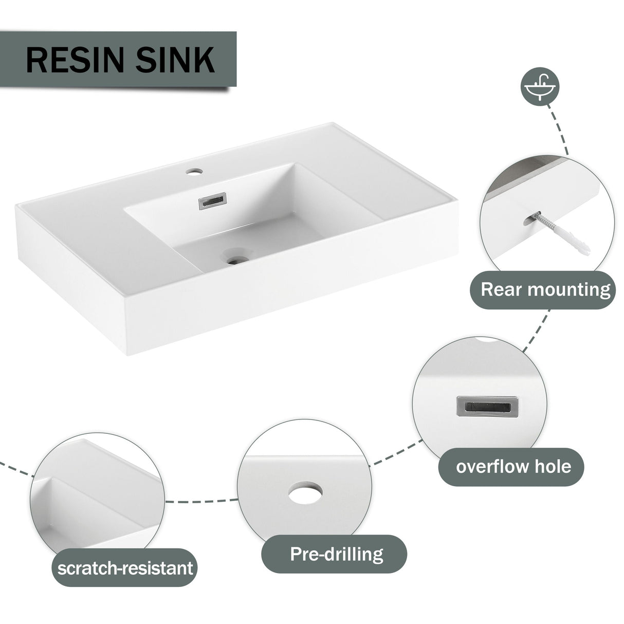 Modern Imitative Wall Mounted Bathroom Vanity With Resin Sink & 2 Side Cabinet, Soft Close Drawer - Imitative Oak